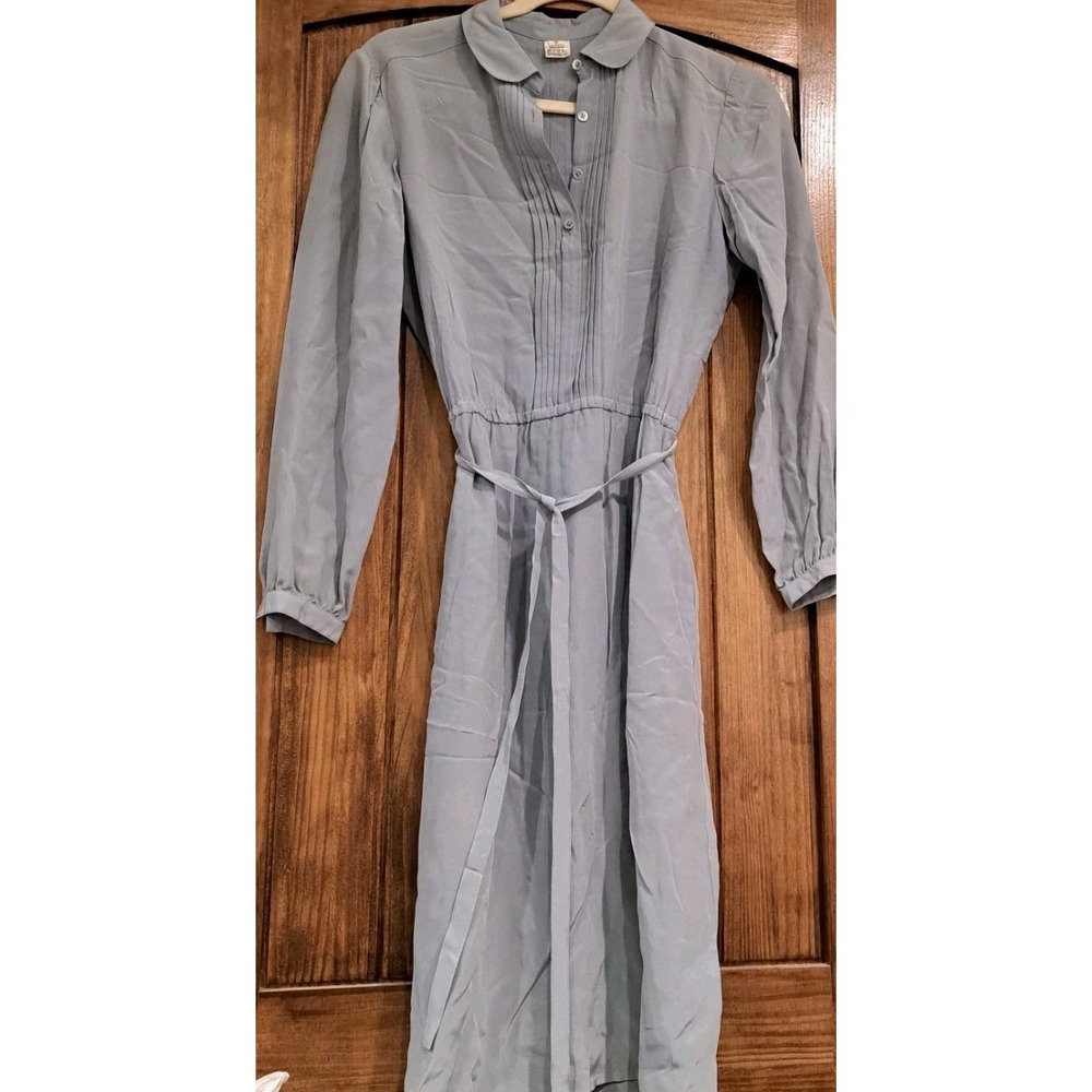 Wms Sz 8 100% Silk Muted Blue Dress W/Pin Tucking Frt&back Side Pockets Old $
